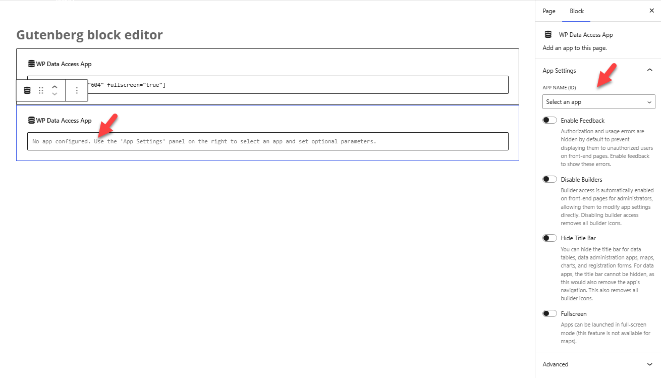 WP Data Access - Gutenberg block editor - app settings