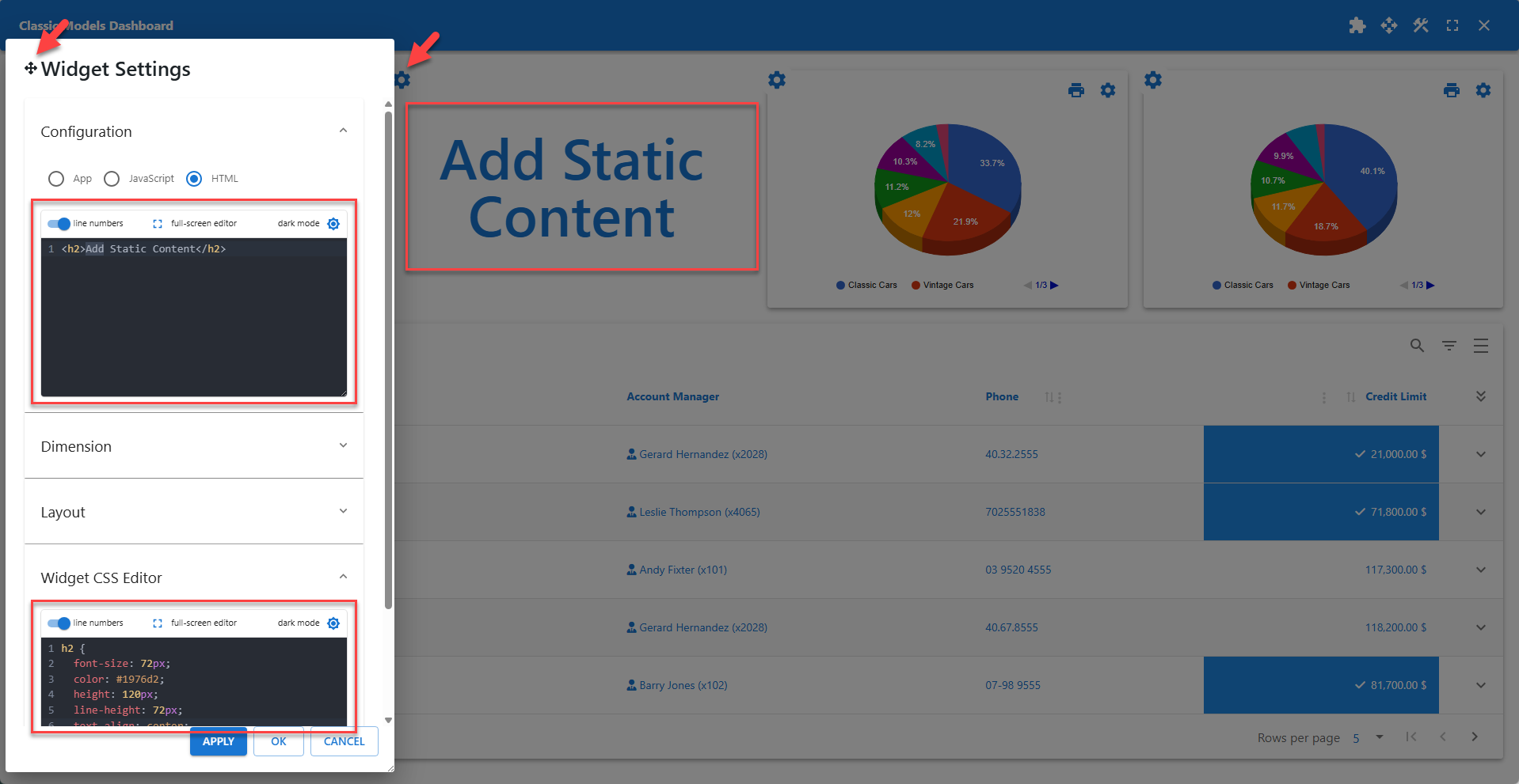 WP Data Access - Widget Settings - HTML Widget Configuration