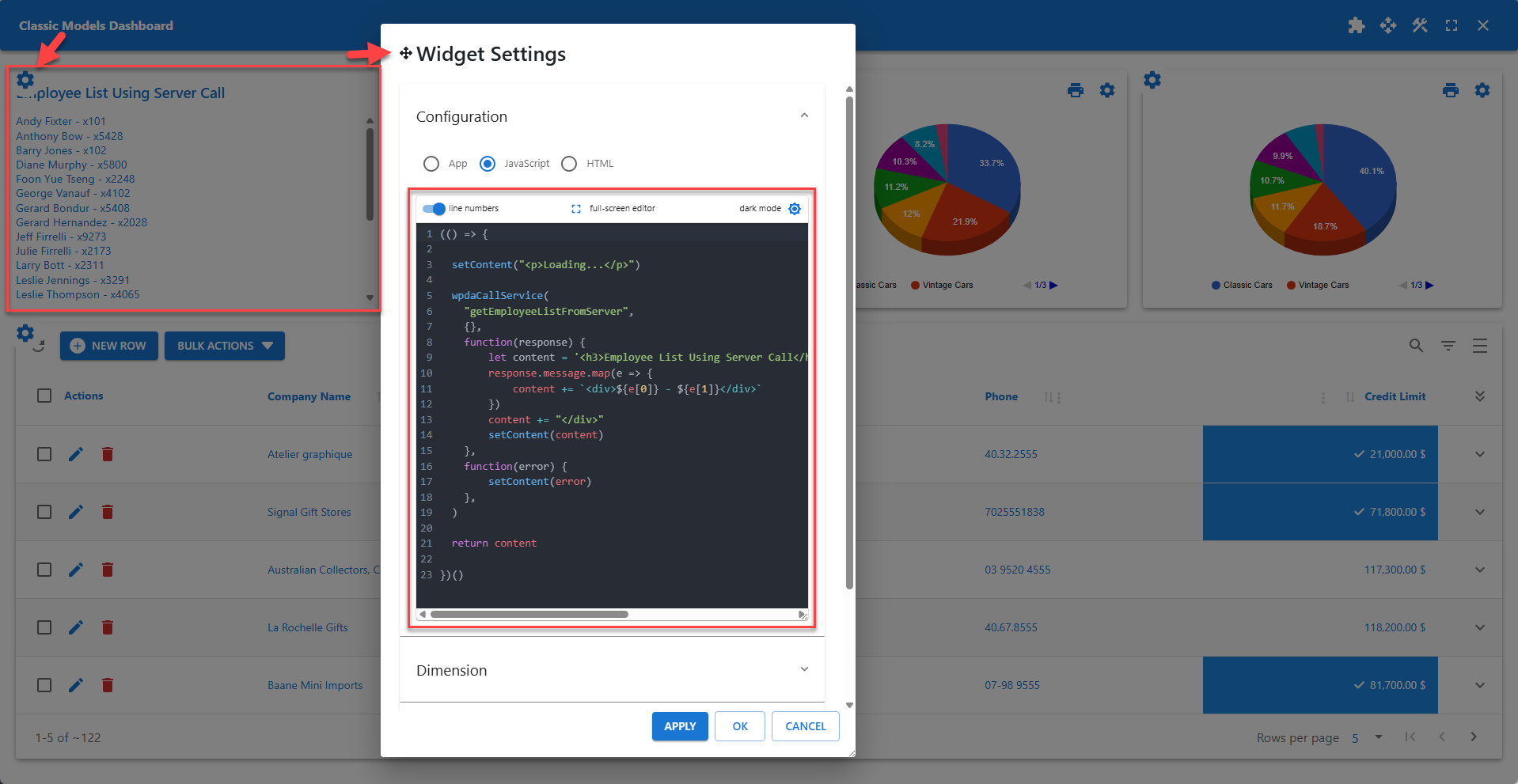 WP Data Access - Widget Settings - JavaScript Widget Configuration
