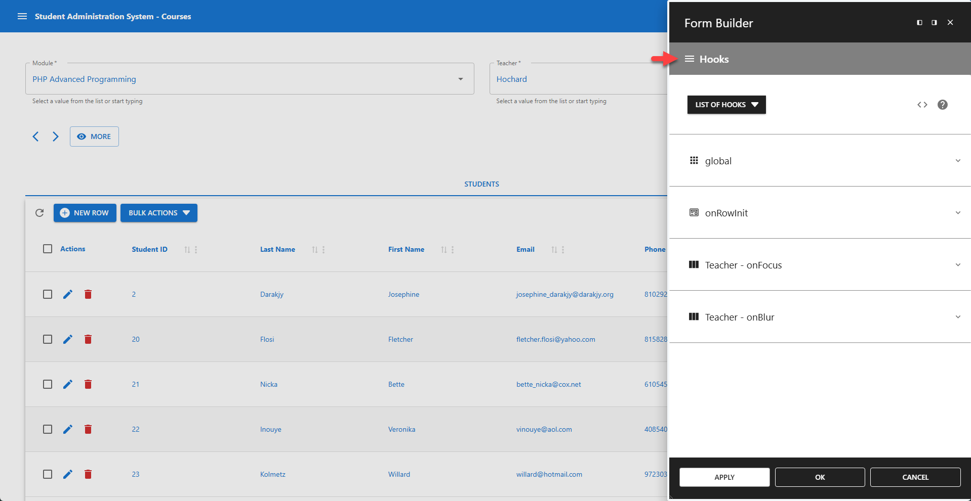 WP Data Access - Form Builder - Hooks Menu