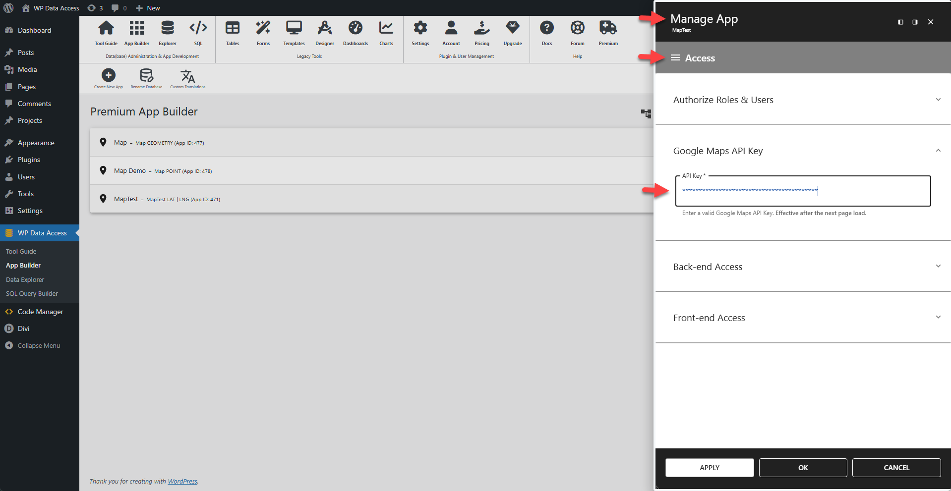 WP Data Access - Map - App Manager - API Key