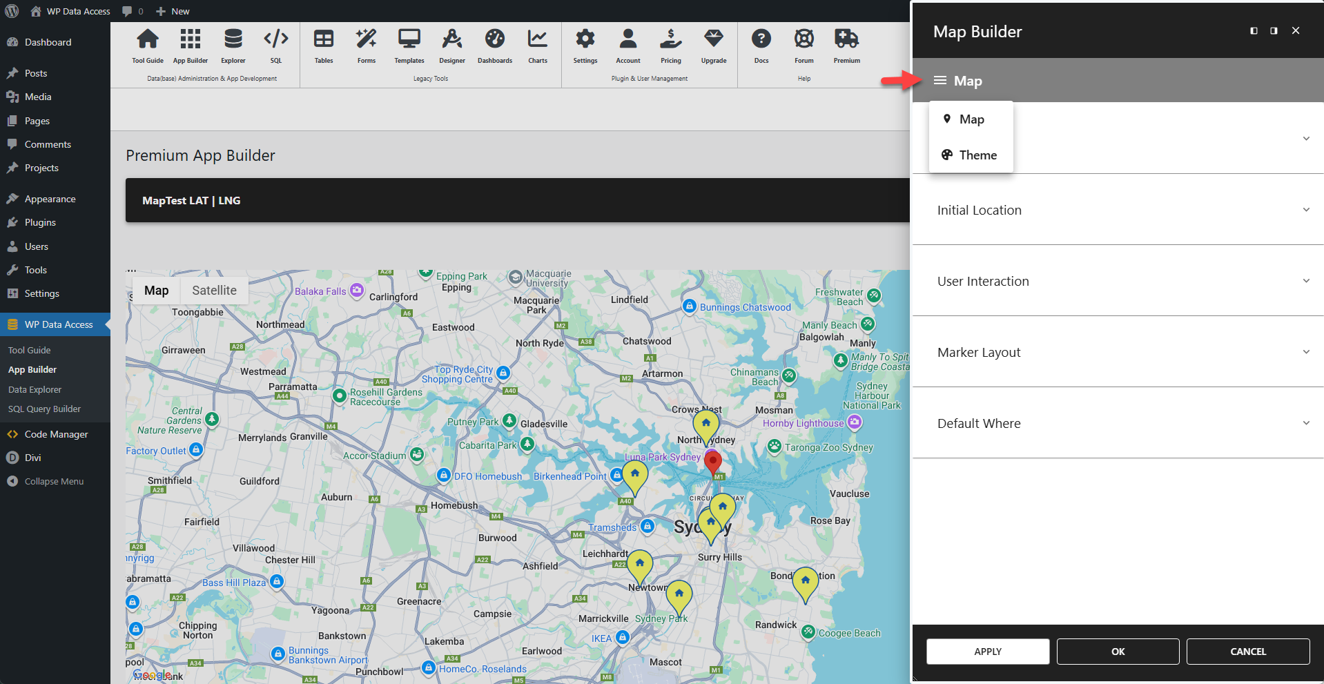 WP Data Access - Map Builder Menu