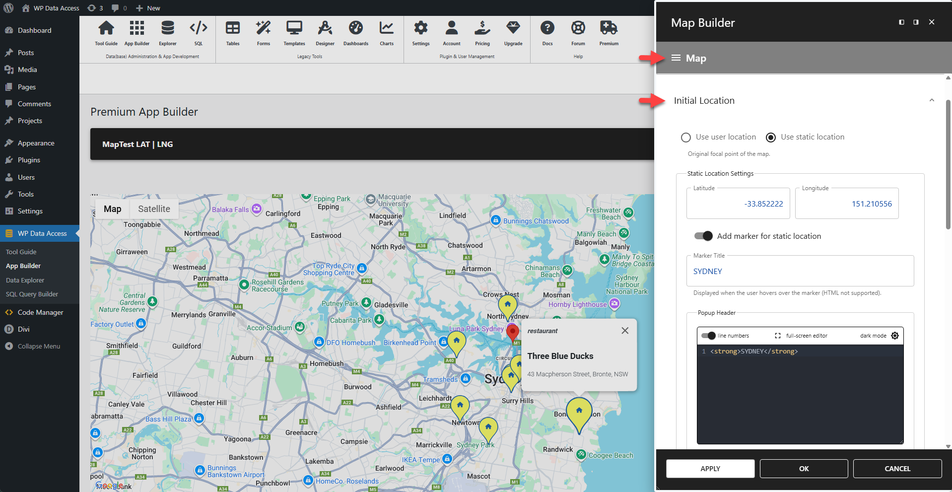 WP Data Access - Map Settings - Initial Location