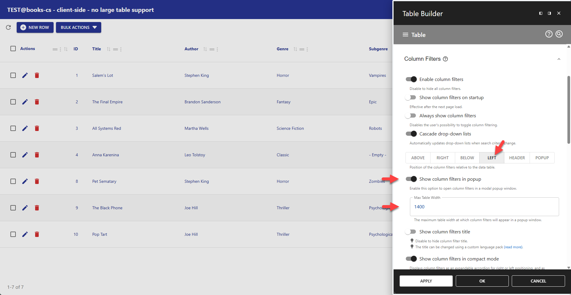 WP Data Access - Table Builder - Column Filters Popup