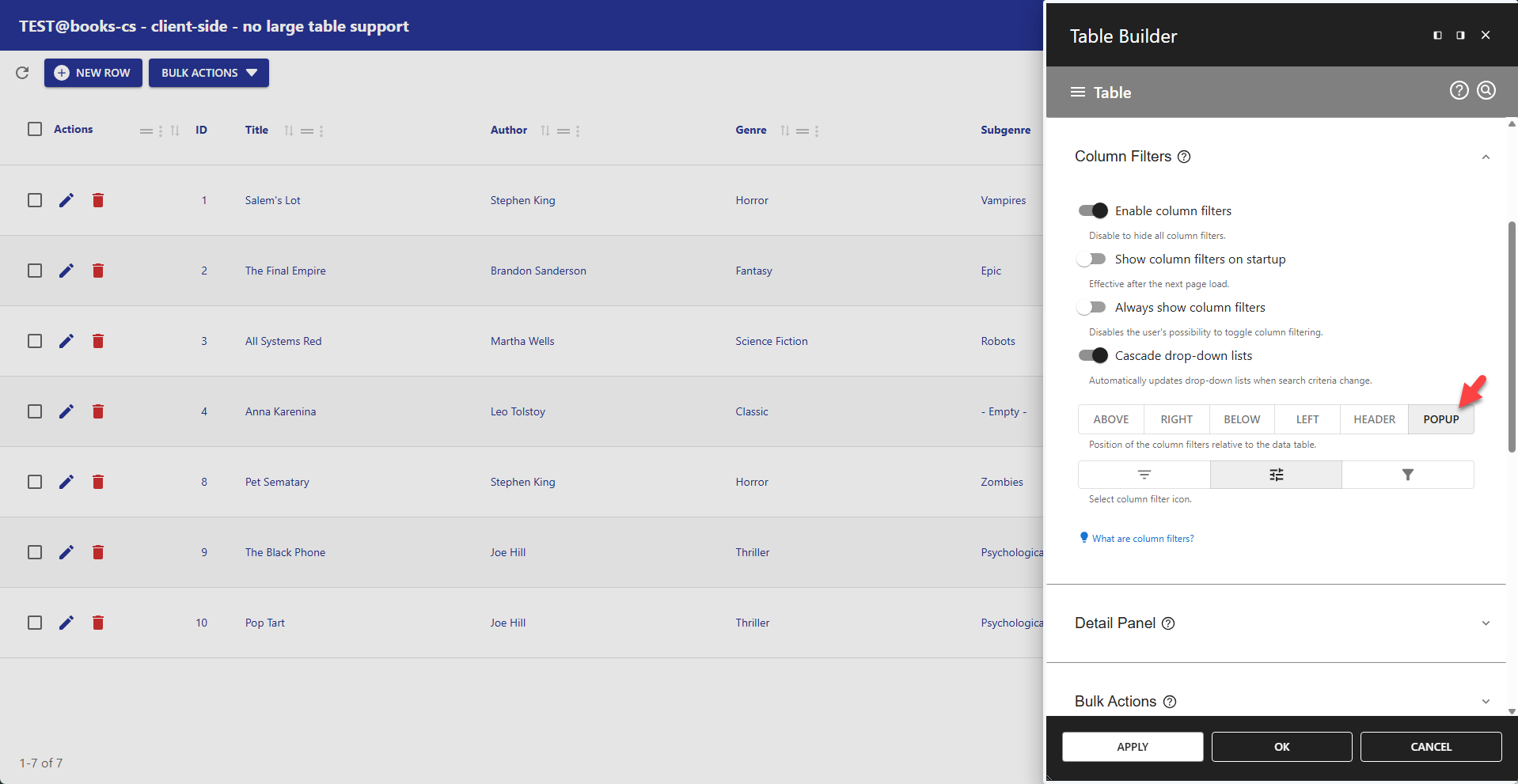 WP Data Access - Table Builder - Column Filters Popup