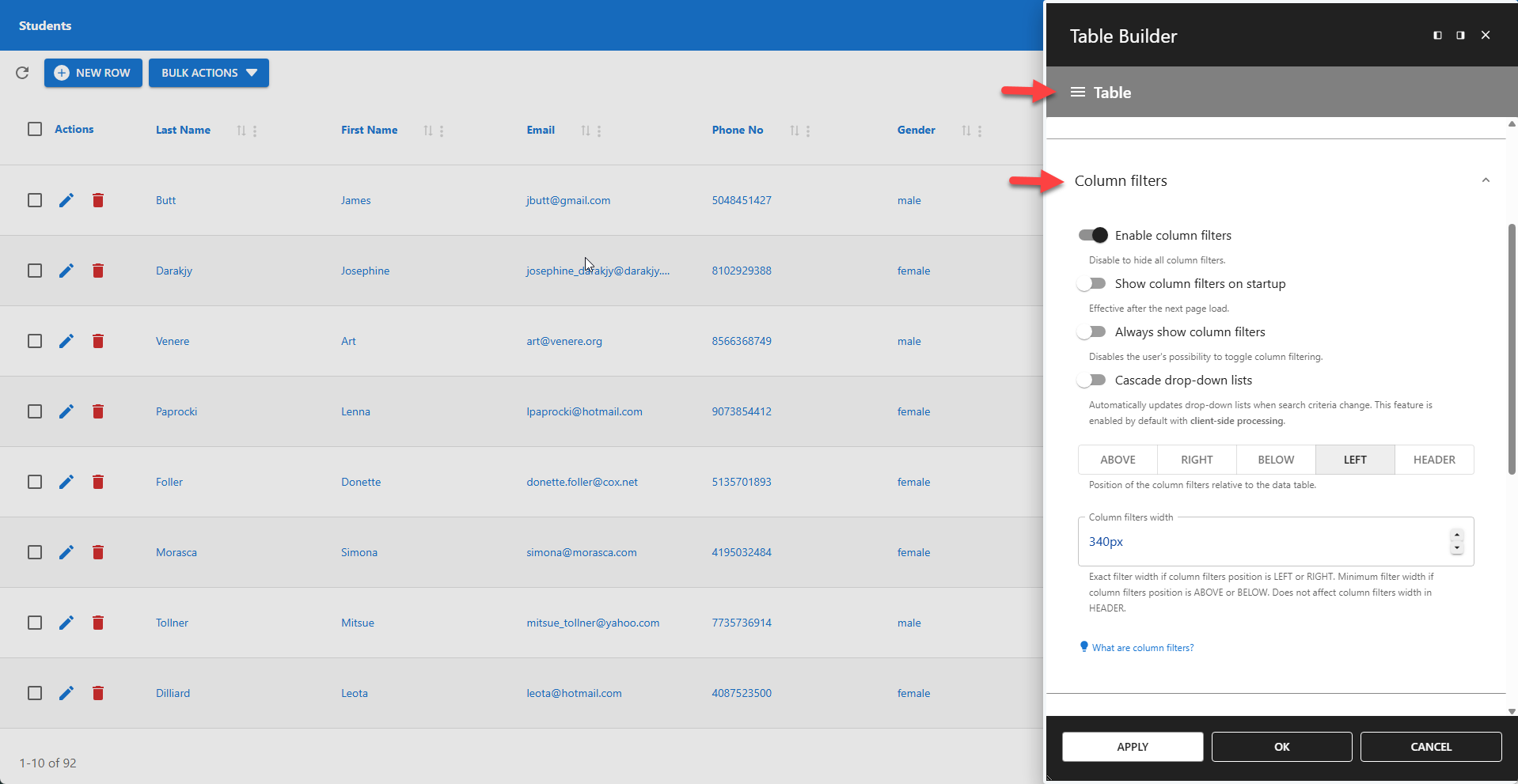 WP Data Access - Table Builder - General Column Filter Settings
