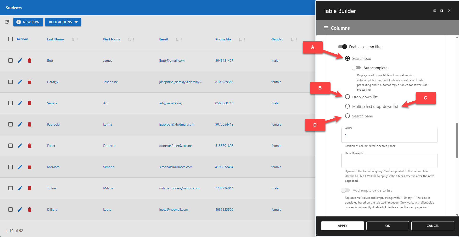 WP Data Access - Table Builder - Column Filter Types