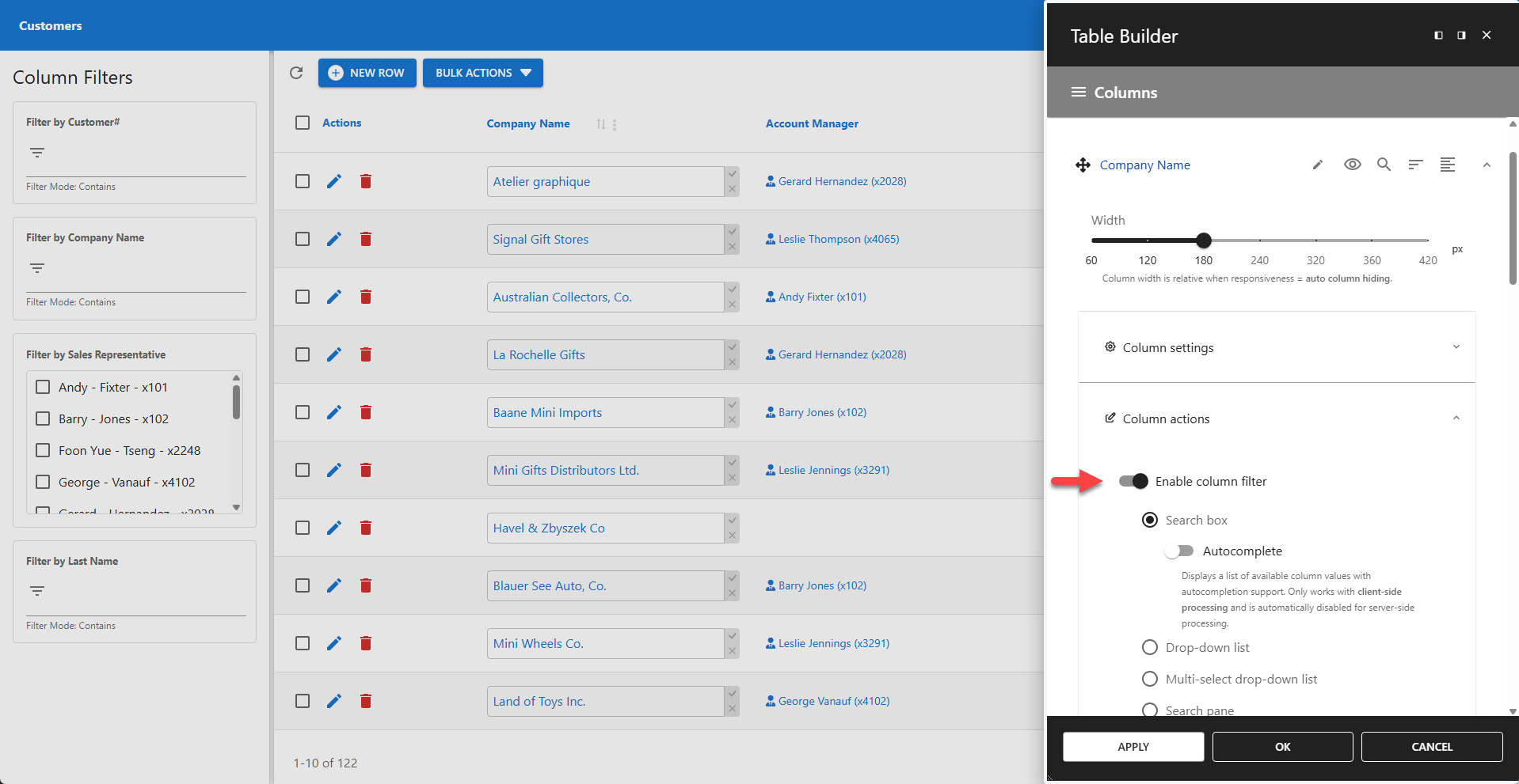 WP Data Access - Table Builder - Column Filtering