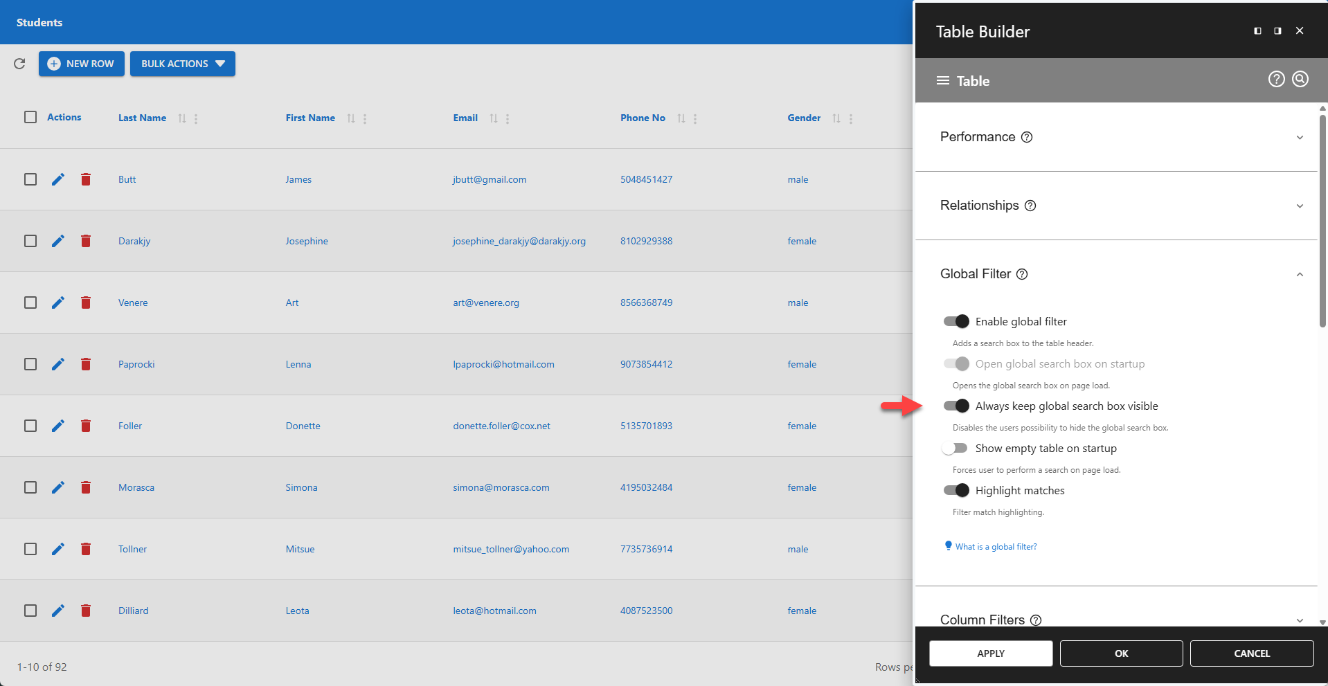 WP Data Access - Table Builder - Always Keep Global Search Box Visible