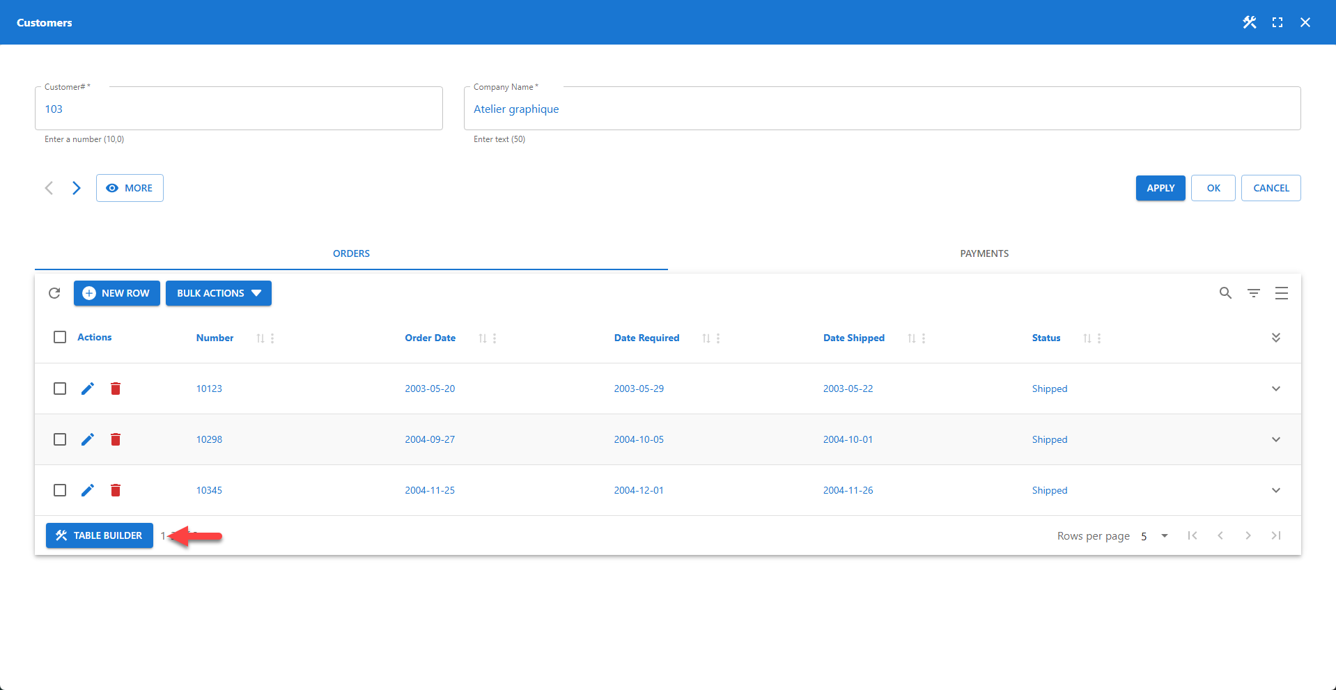 The Table Builder icon is available on the toolbar.