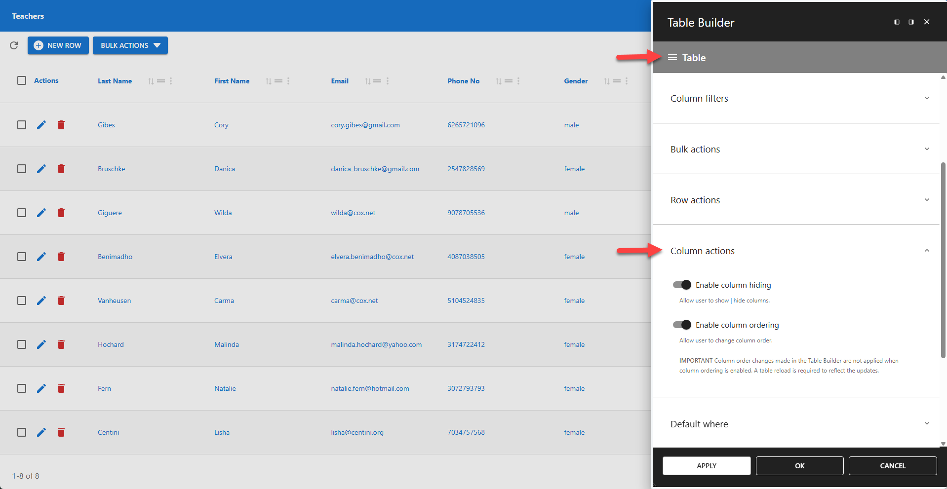 WP Data Access - Table Builder - Column Actions Settings